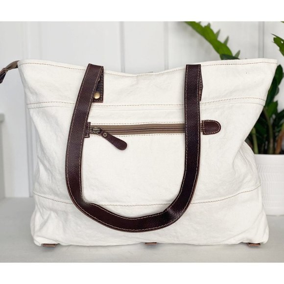 Myra Upcycled Canvas and Leather Vintage Style Tote Bag - Picture 7 of 11